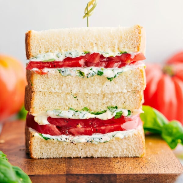 Tomato Sandwich stacked on top of each other showing the delicious inside.