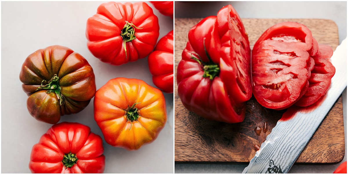 The heirloom tomatoes being thinly sliced for these tomato sandwiches.