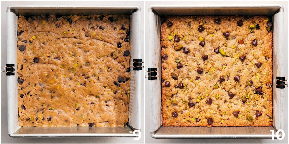 The blondies being baked up in a pan.