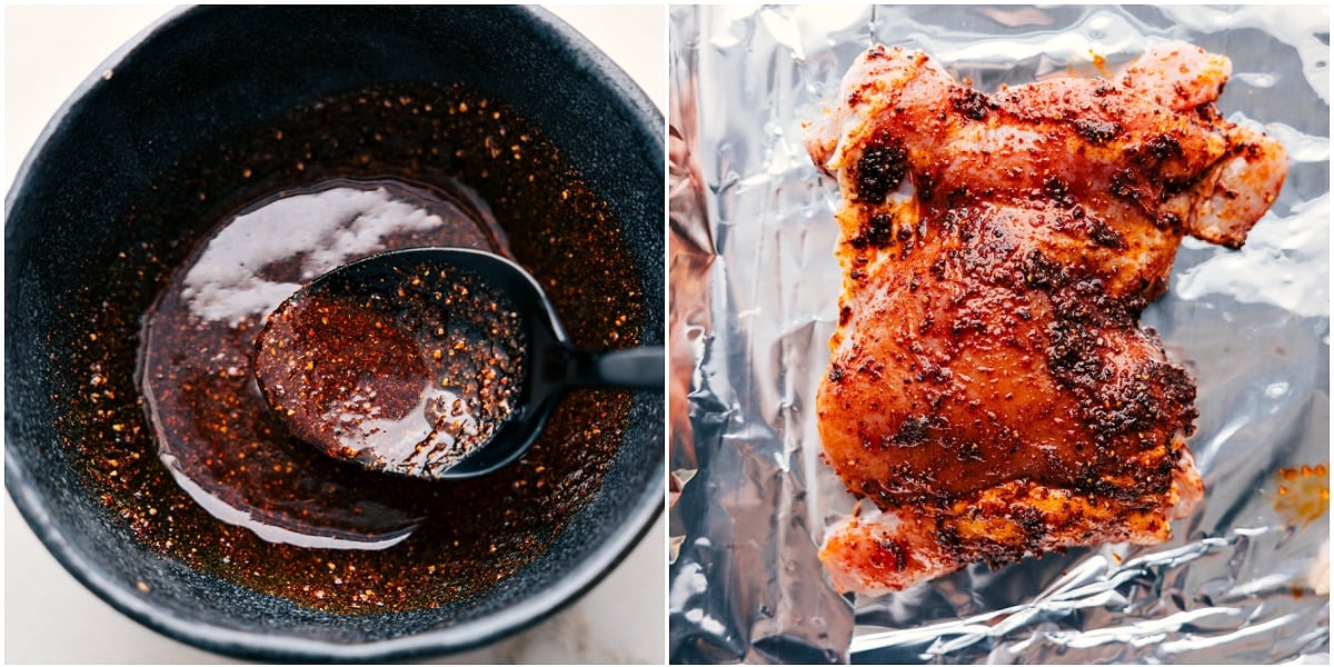 Adding the chicken sauce on top of the chicken thighs for a quick marinade.