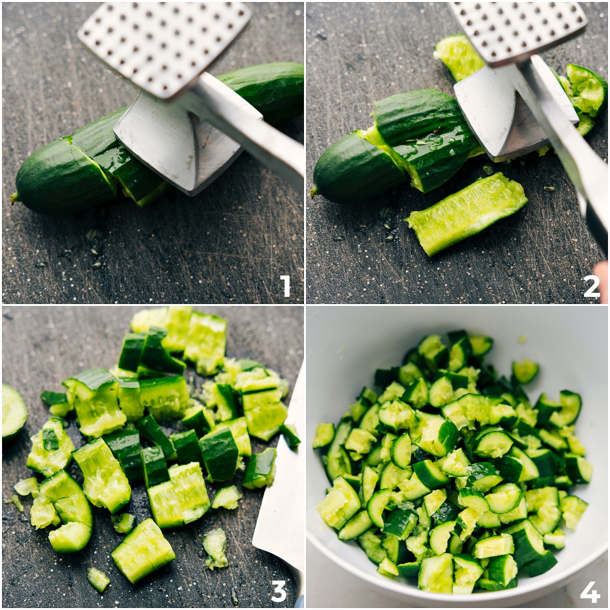 Smashing the cucumbers and then chopping them and adding it to a bowl for this smashed cucumber salad.