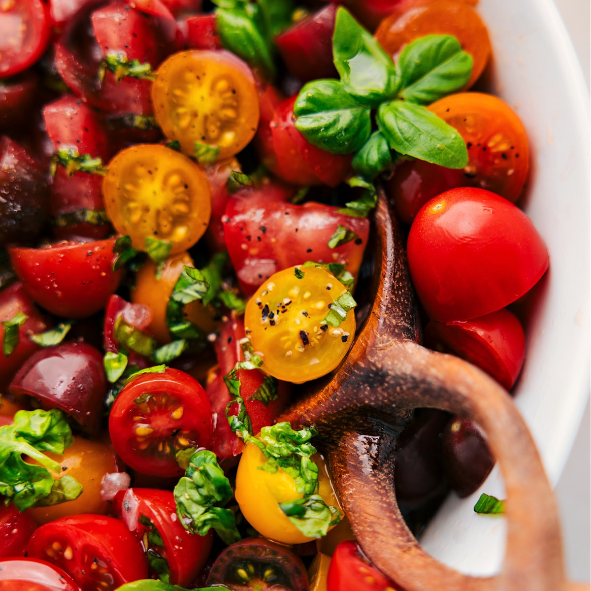 The fresh tomato salad all tossed together and ready to be served.