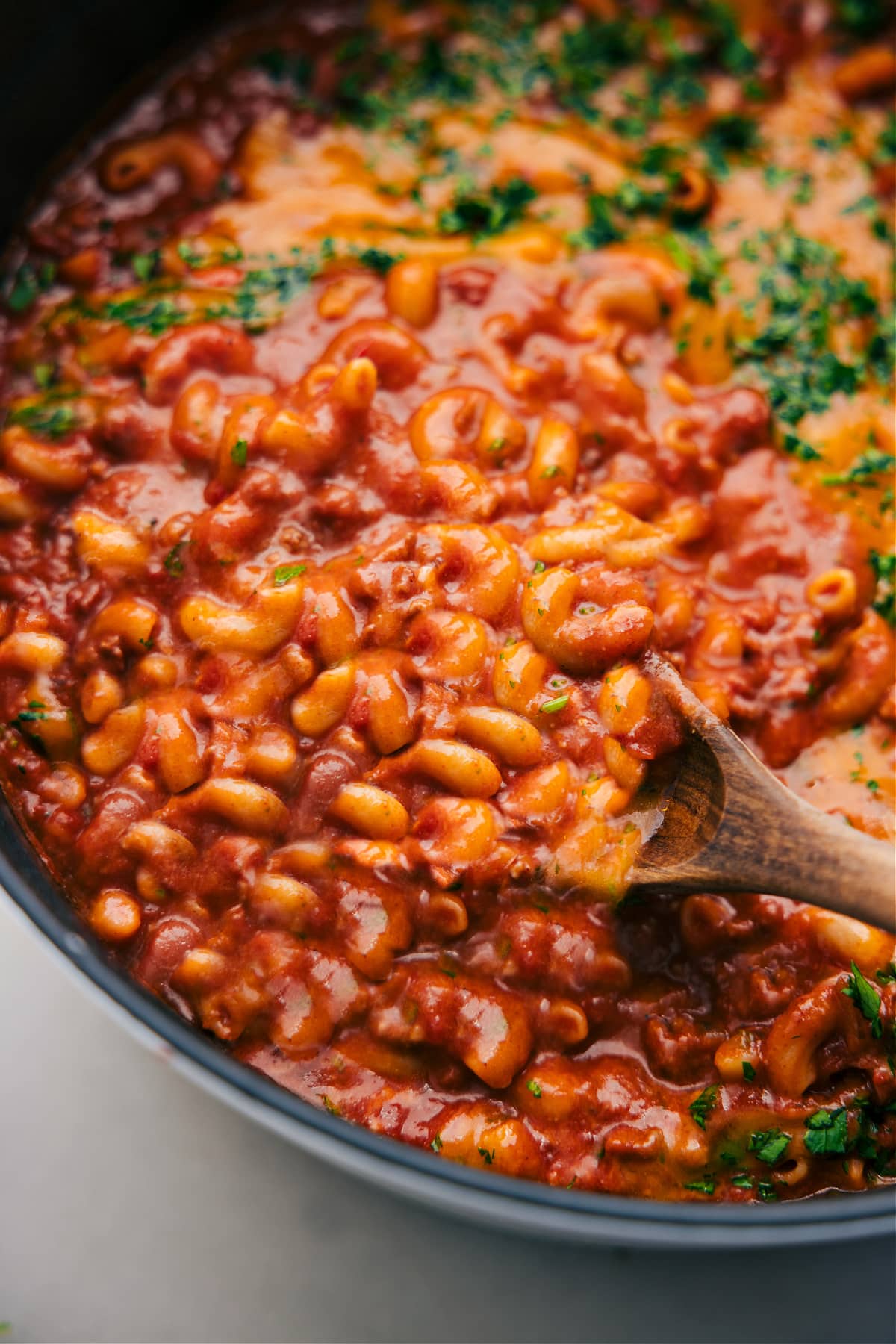 One pot chili mac freshly made in the pot.