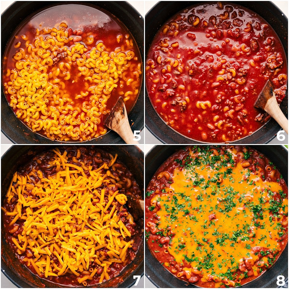 Adding and cooking the pasta, then stirring in the cheese and letting it all cook together.