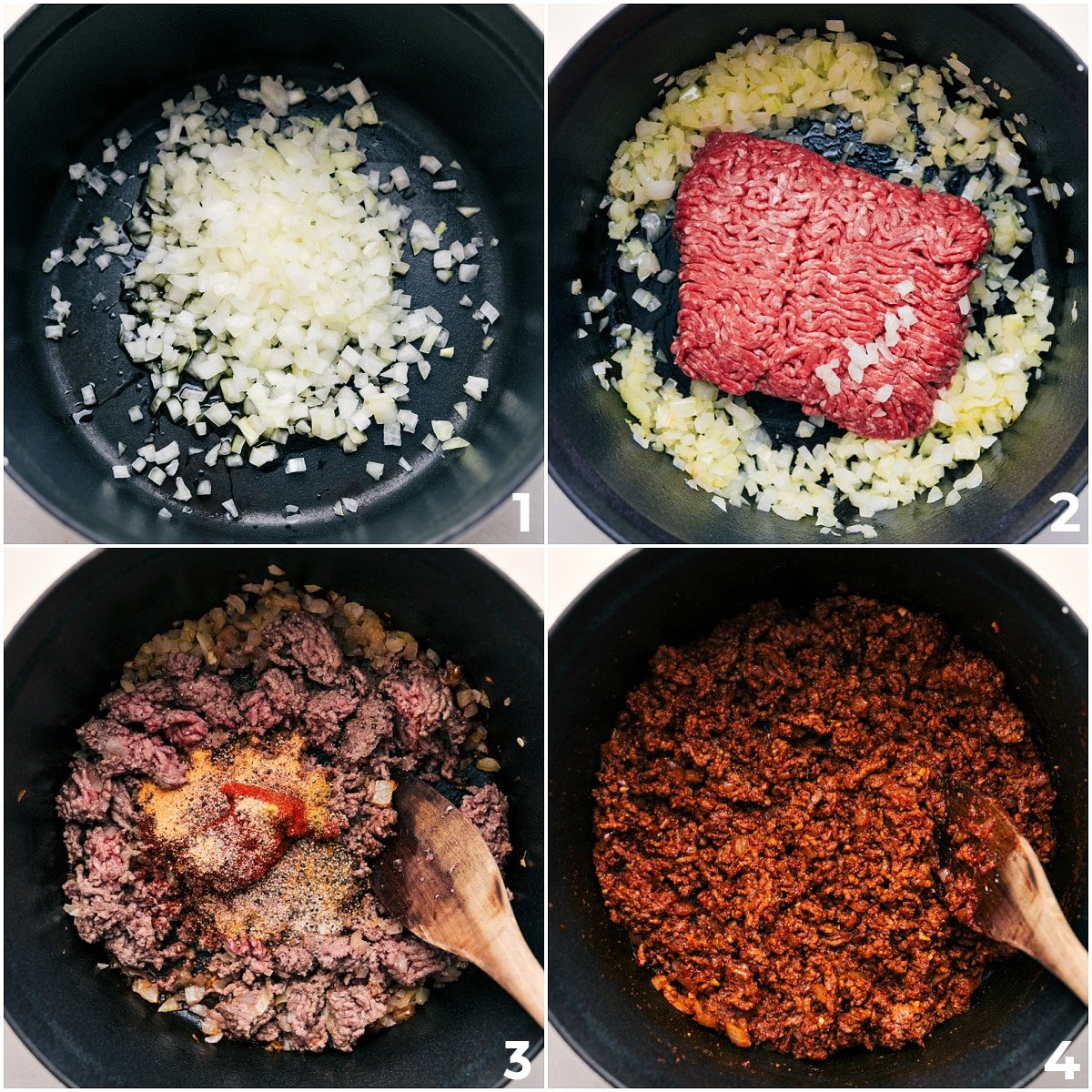 Sautéing onions, browning beef, and cooking in seasonings and tomato paste for this one-pot chili mac.