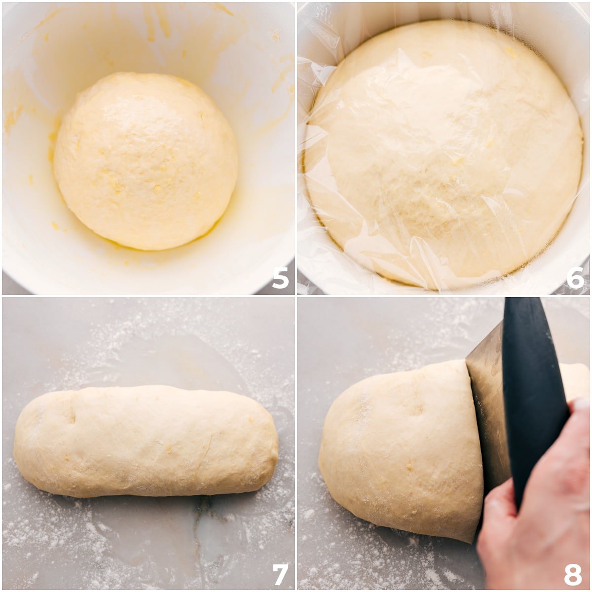 The dough rising and being cut into 3 different pieces.