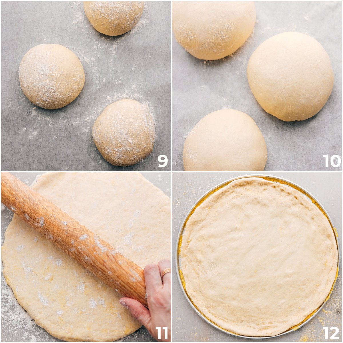 The dough balls being rolled into 3 balls and then rolled out into pizza dough for this recipe.