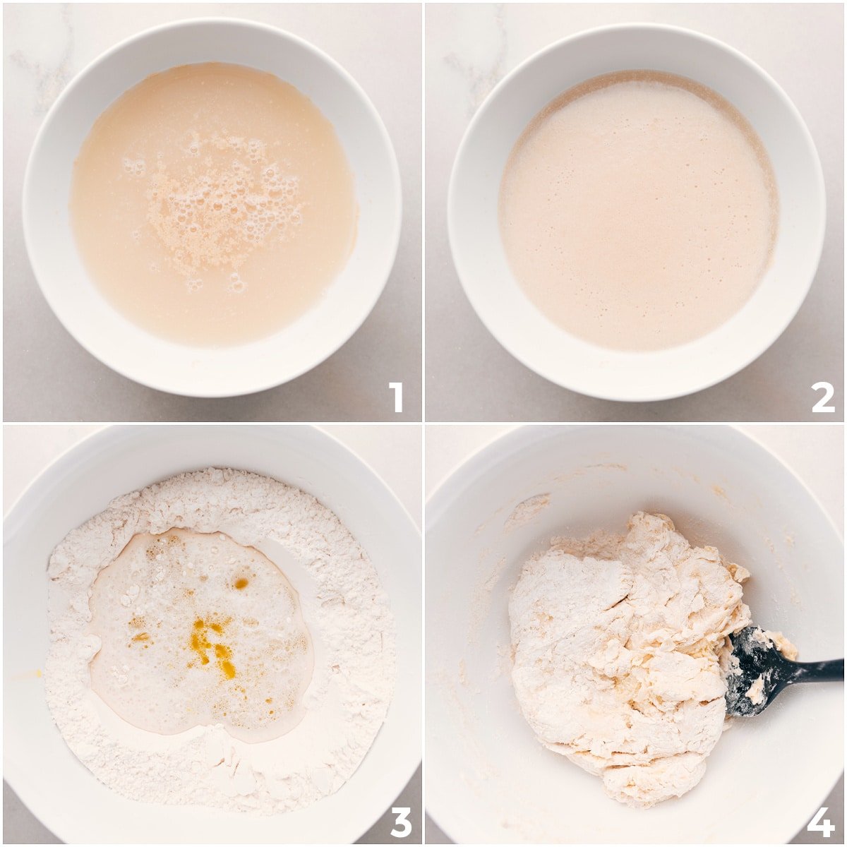 The yeast developing and being mixed with the dry ingredients for this easy pizza dough recipe.