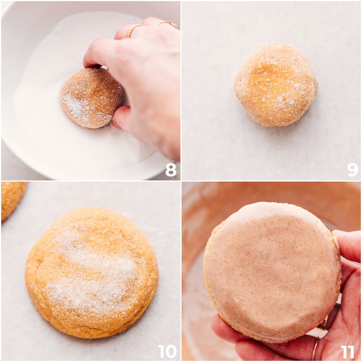 Dip the dough in sugar, bake it, and then drizzle glaze on top.