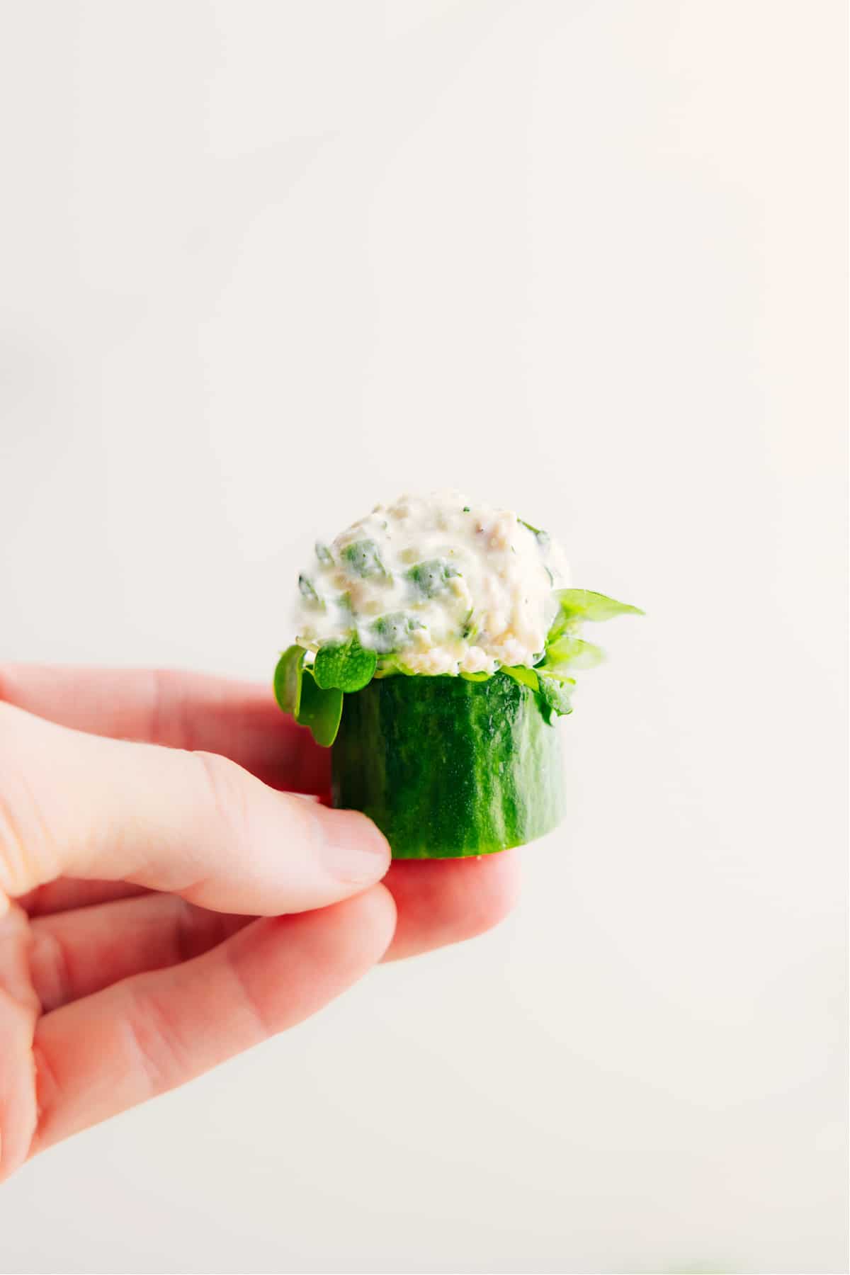 Dill pickle chicken salad served on a cucumber for a fresh serving option.