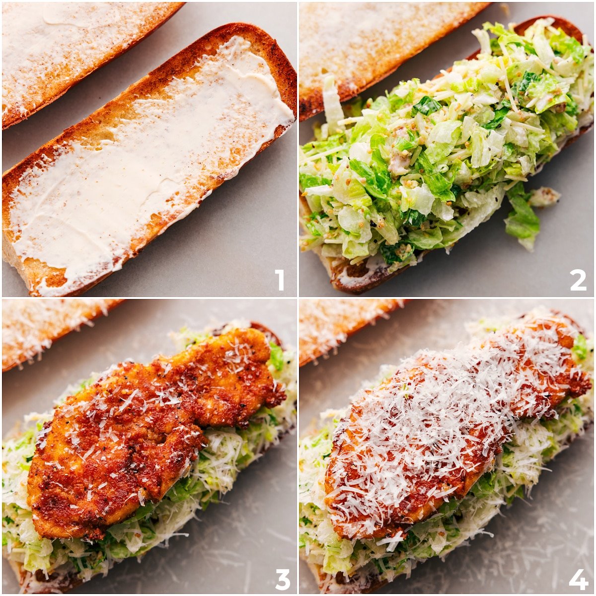 Assembling the Chicken Caesar Sandwich by spreading mayo and seasonings on the bread, adding the salad mix, and topping it with chicken and parmesan.