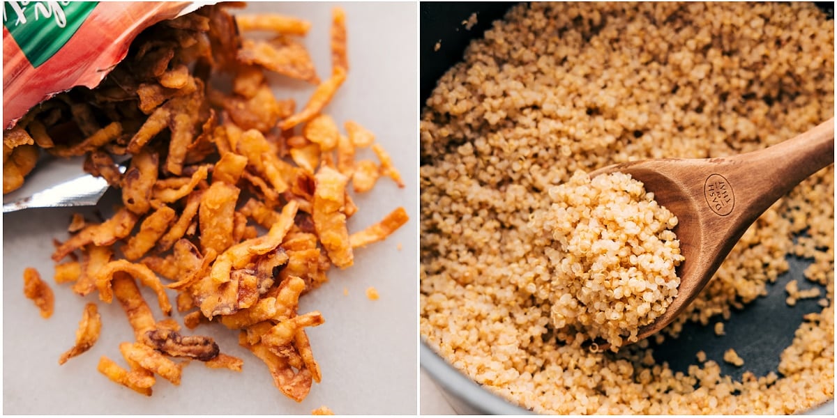 Crispy onions and couscous prepped for the hot honey chicken bowls.