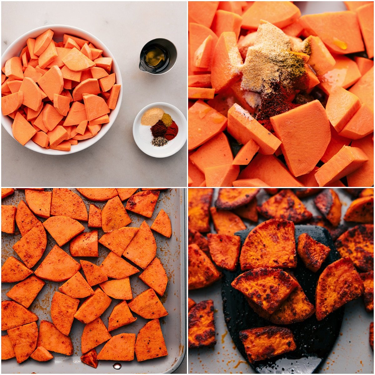 Sweet potatoes are tossed with seasonings and oil, spread on a sheet pan, and baked.