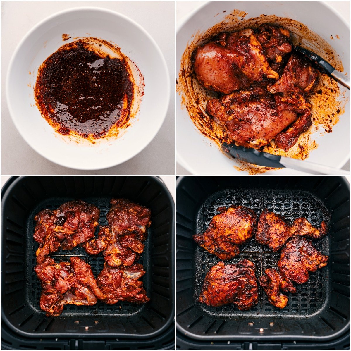 The chicken thighs are marinated and air-fried to perfection for these hot honey chicken bowls.