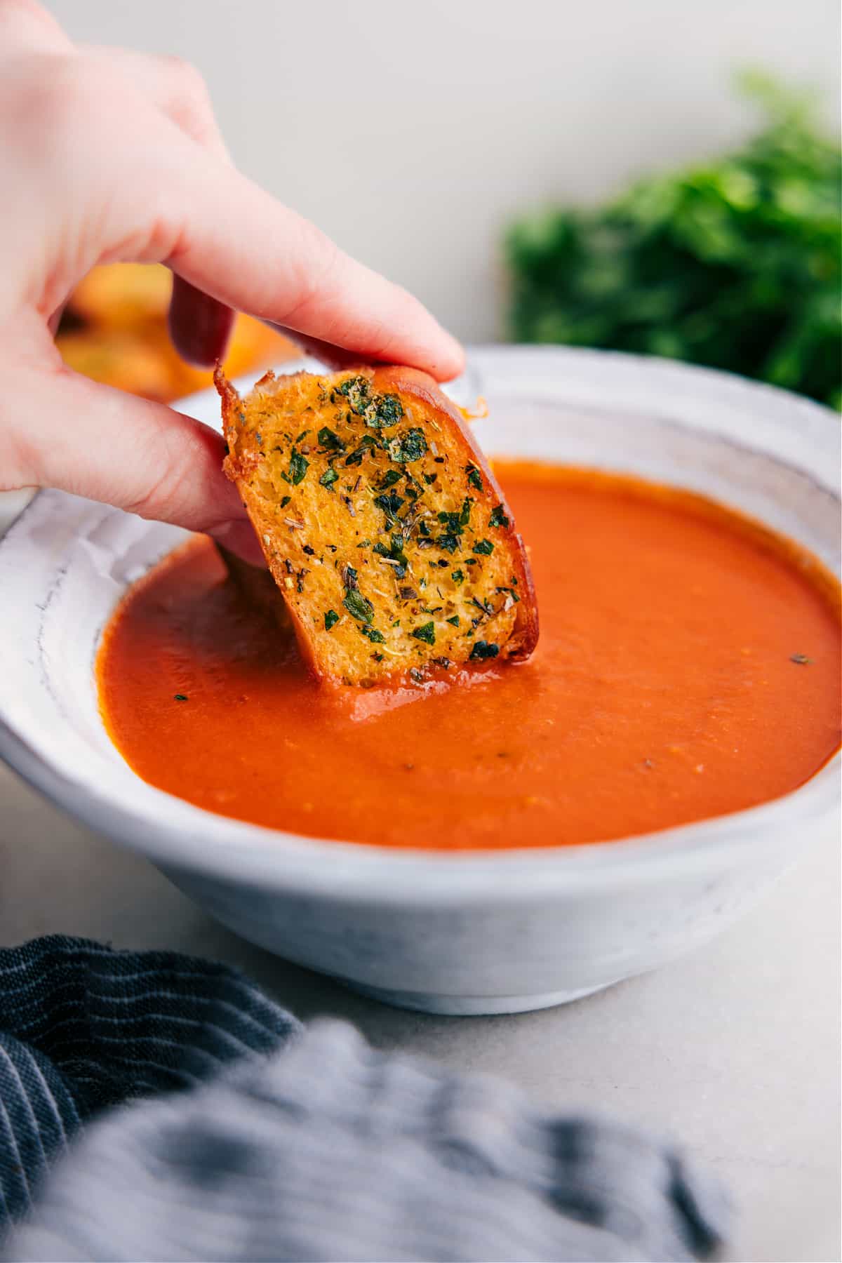 Mini Grilled Cheese dips into a big bowl of tomato soup.