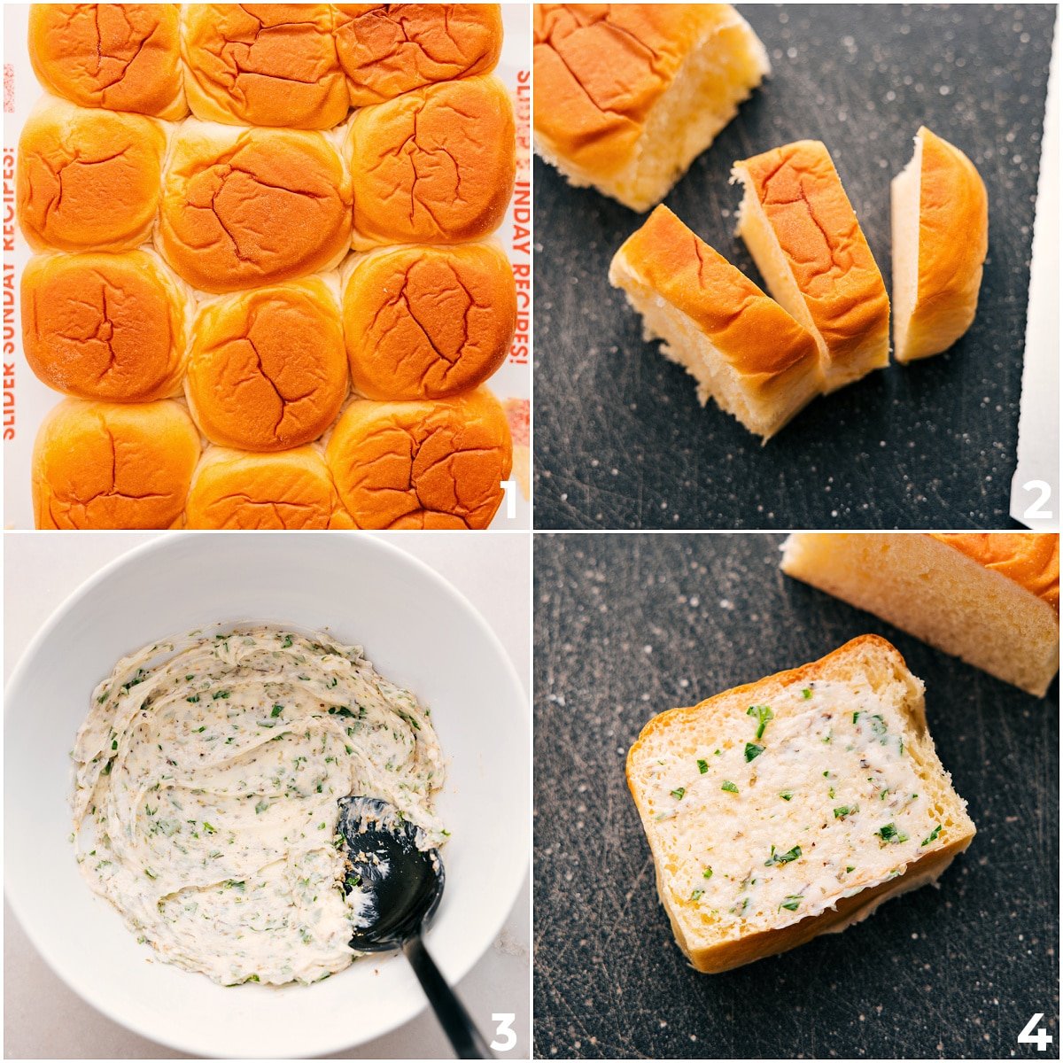 Slice the rolls into three parts and butter each side for these mini grilled cheeses.