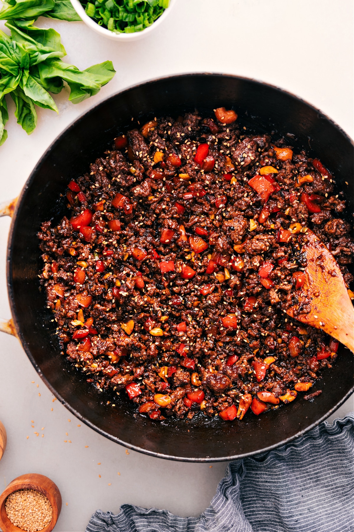 Asian Ground Beef in the pot, topped with sesame seeds and ready to enjoy.