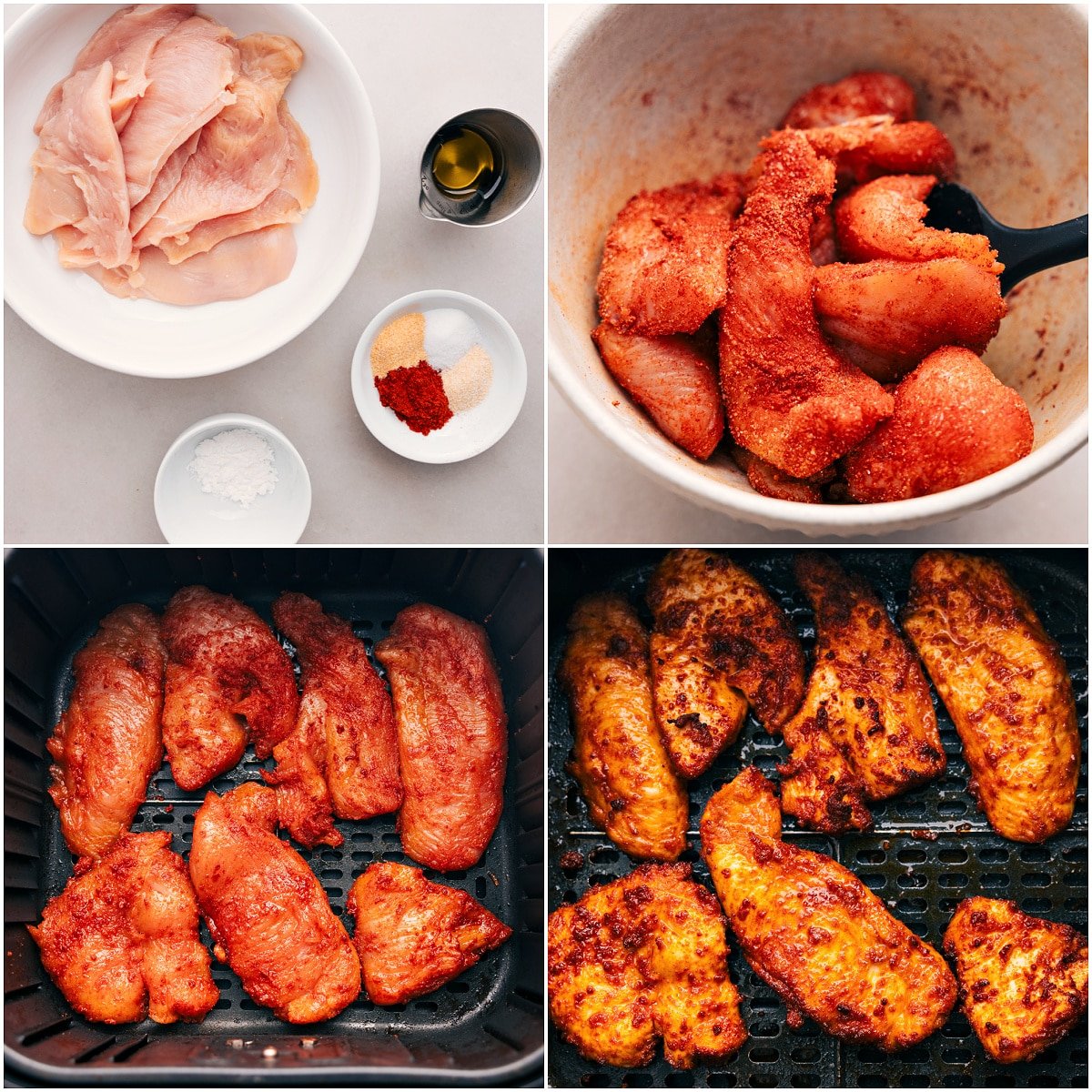 Chicken is prepped, seasoned, and air-fried in the air fryer.