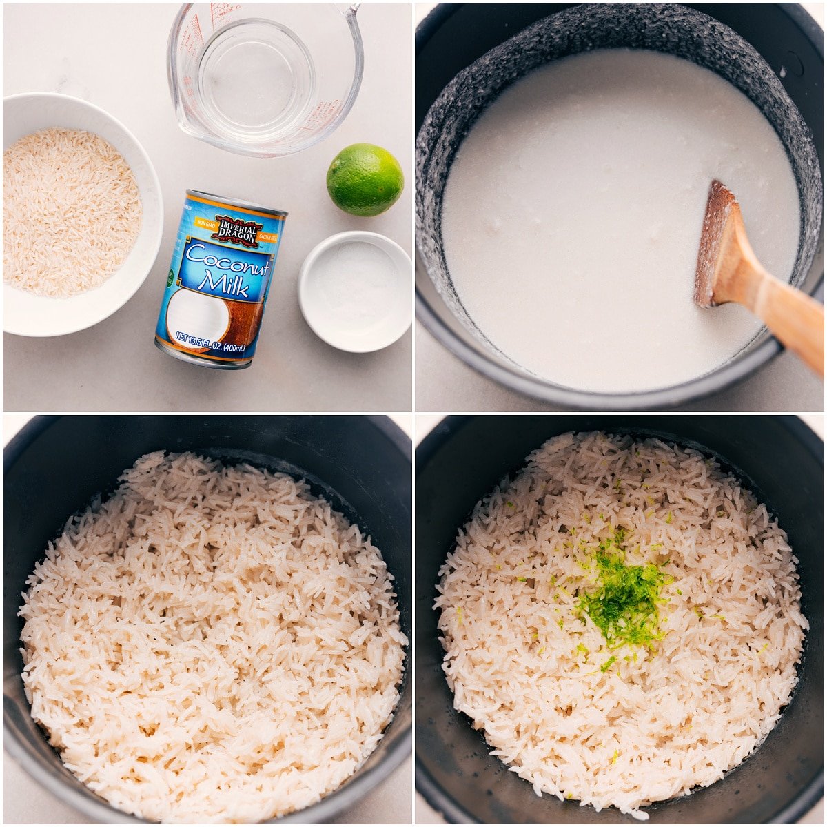 All the ingredients for coconut rice are prepped, and the rice is cooked in one pot to pair with the Bang Bang Chicken Skewers.