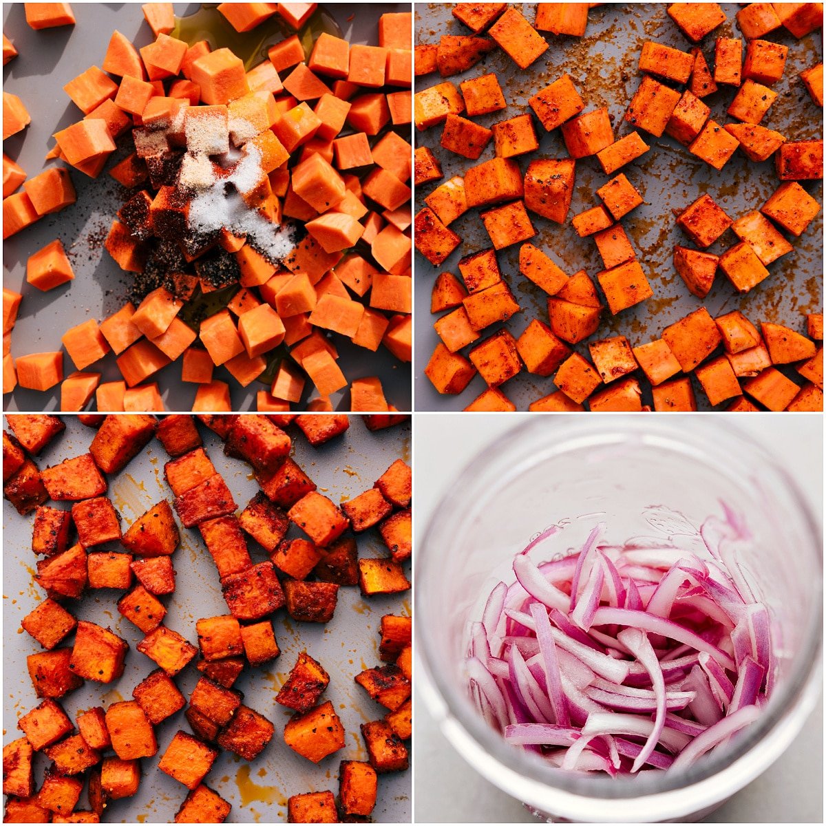 Roast sweet potatoes and make pickled red onions for this beef burrito bowl recipe.