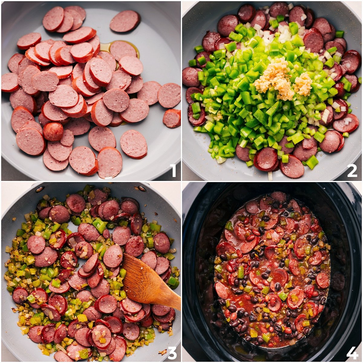 Lightly brown the sausage, sauté the veggies, then combine them with all the other ingredients in the slow cooker to make this black beans and sausage dish.