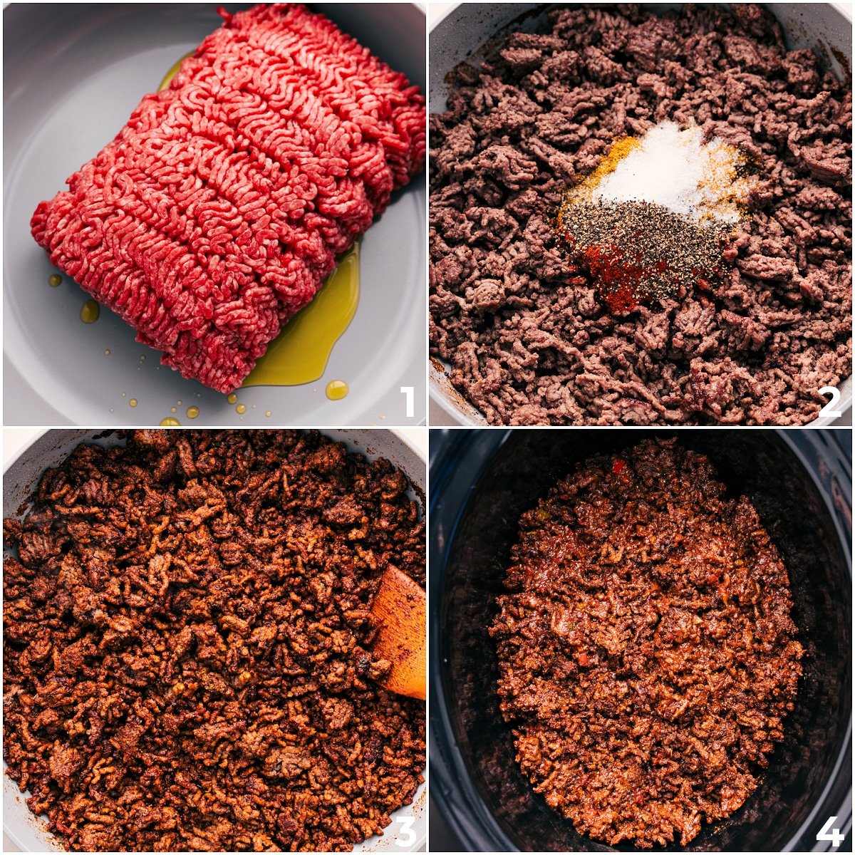 The ground beef browning, seasonings added, and everything going into the slow cooker for this Crockpot Taco Meat.