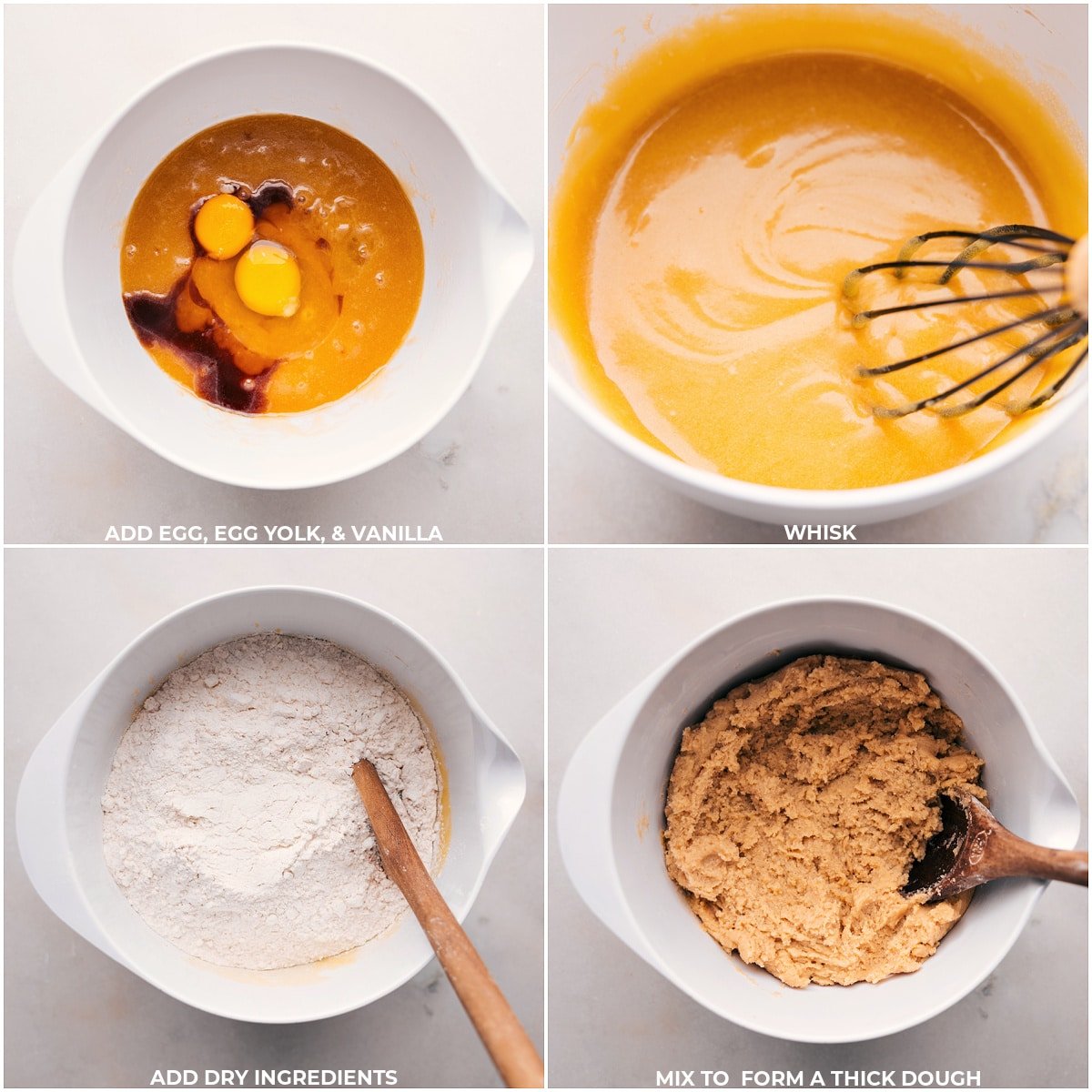 Wet and dry ingredients combined, with flour added to form the dough.