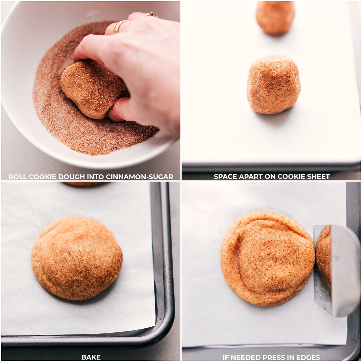 Dough balls rolled in cinnamon sugar and baked on a parchment-lined sheet pan.