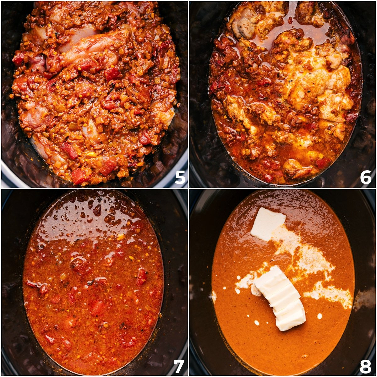 The chicken and onion mixture is added to the slow cooker with tomatoes, then slow-cooked. Butter and cream are stirred in, and the chicken is shredded to complete this Crockpot Butter Chicken.