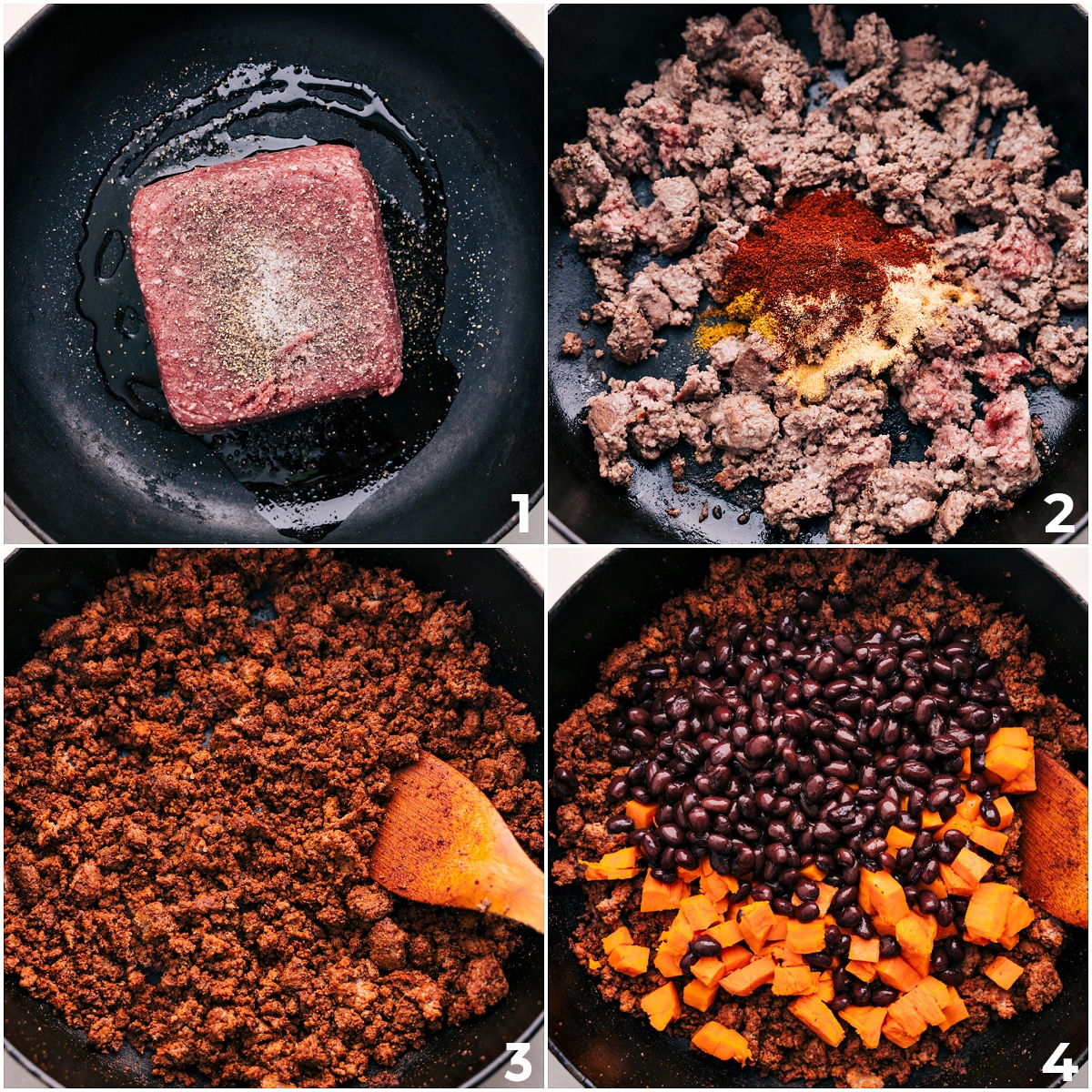 Brown the ground turkey, then mix in the seasoning, beans, and sweet potatoes for this Ground Turkey Sweet Potato Skillet dinner.