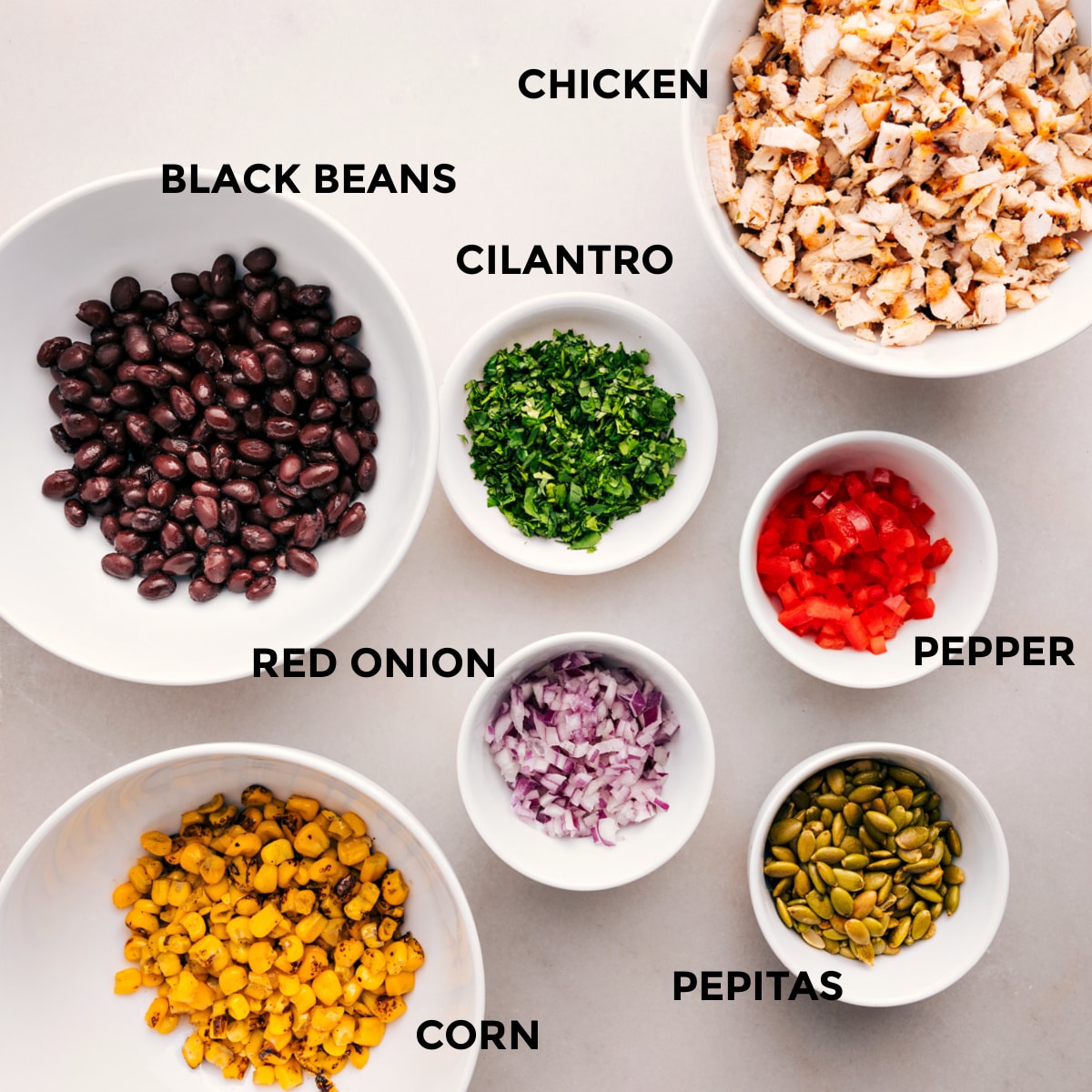 All the ingredients in this recipe are prepped for easy assembly: meat, peppers, cilantro, black beans, red onion, pepitas, and corn.