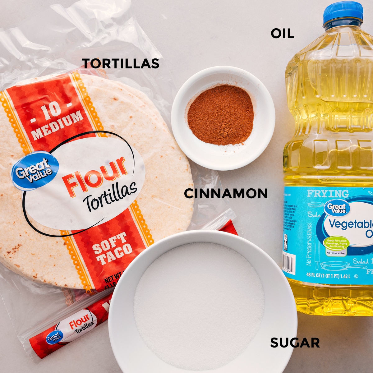 All the ingredients for this recipe—tortillas, cinnamon, sugar, and oil—are prepped and ready for easy assembly.