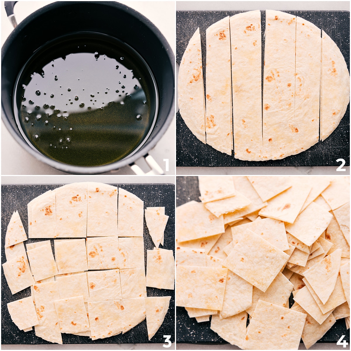 The oil heats while the tortillas are chopped for these cinnamon sugar chips.