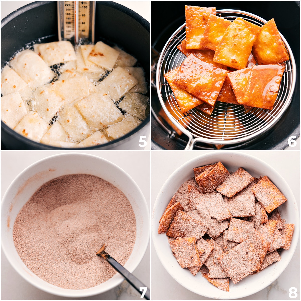 The tortillas fry to perfection before getting coated in cinnamon sugar.