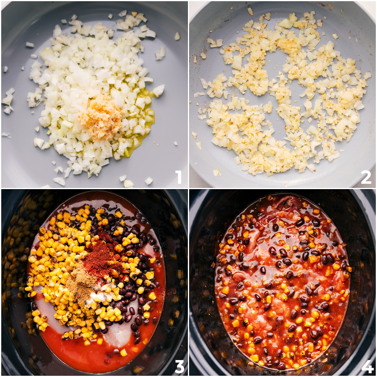 Onions and garlic are sautéed, then everything, including the onions, is added to the crockpot for Crockpot Chicken Enchilada Casserole.