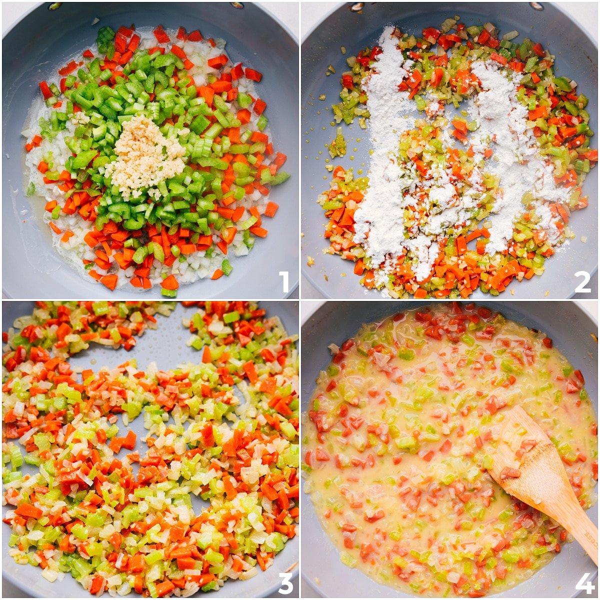 The veggies sauté as the flour mixes into the broth.