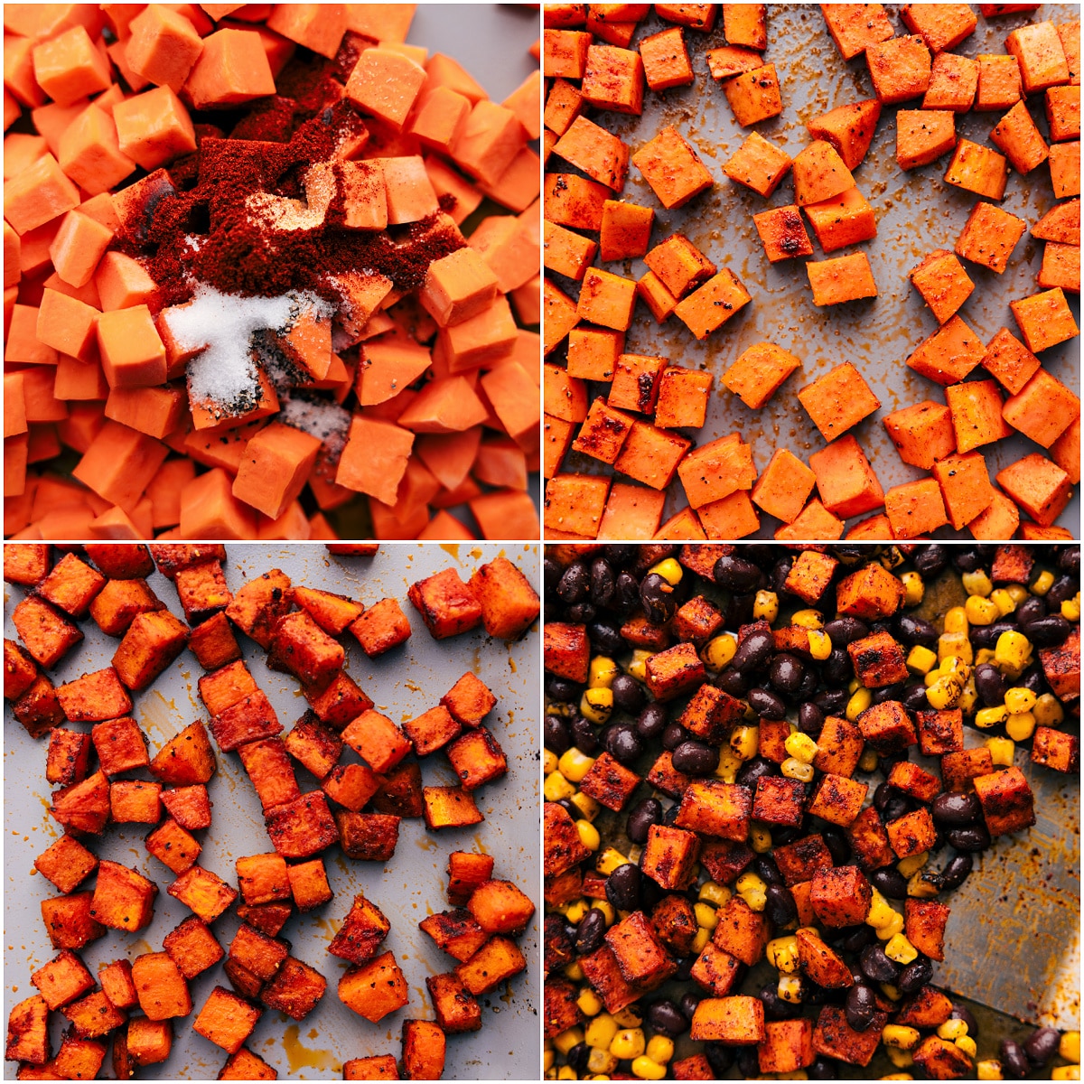 Sweet potatoes are seasoned, roasted, and then tossed with corn and black beans.